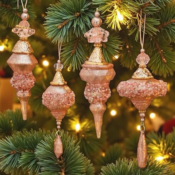 Elegant Tiered Christmas Tree Ornament Set Gold Pink Beaded Vintage Inspired - Picture 1 of 13
